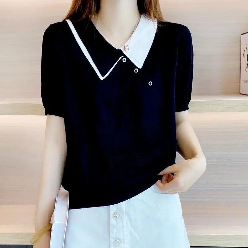 With Collar Plain Top Fitted Women's Y2k Pullover New Products Knit Black Fashion T Shirt Petite Female Polo Neck Tee Shirts Hot  Amaijoin