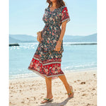 Carregue a imagem no visualizador da Galeria, Bohemian V-Neck Floral Print Dresses Women Summer Casual Short Sleeve Midi Dress Beach Boho Elegant Fashion Long Skirts Female  Amaijoin
