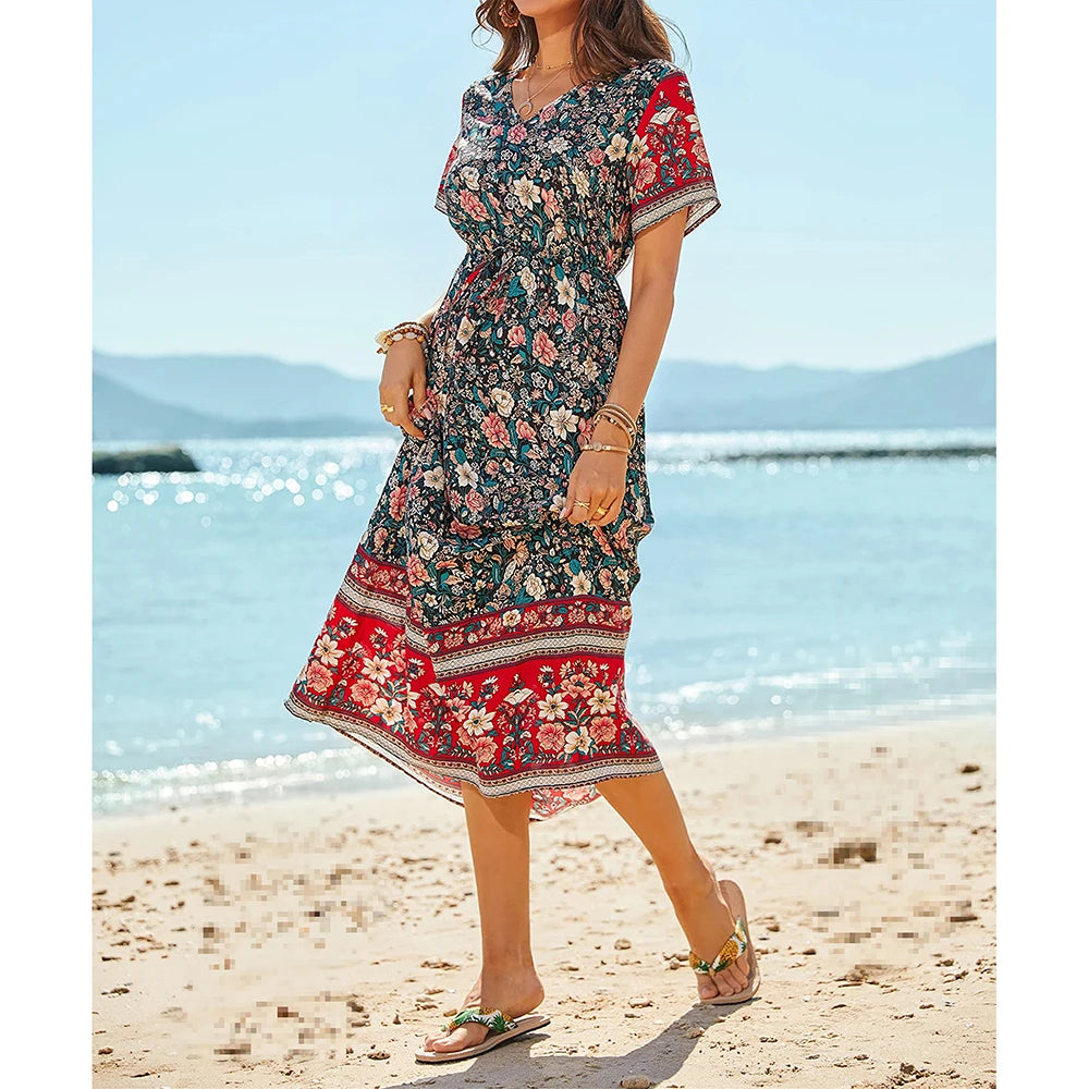 Bohemian V-Neck Floral Print Dresses Women Summer Casual Short Sleeve Midi Dress Beach Boho Elegant Fashion Long Skirts Female  Amaijoin