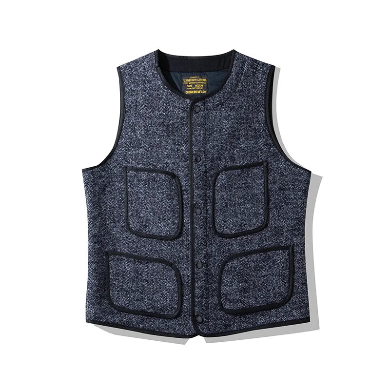 3402 Winter Fall Fashion Men's Cozy Premium Coarse Wool Vest Multi Pockets Simple Basic Waistcoats Comfortable Sleeveless Coats  Amaijoin