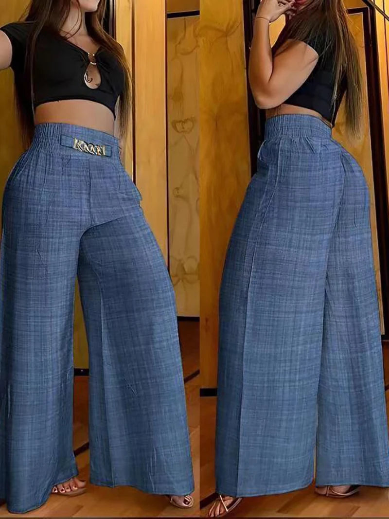 High Waist Solid Color Wide Leg Pants Women Elegant Loose Metal Casual Trousers Streetwear Summer Office Ladies Straight Pants  Amaijoin