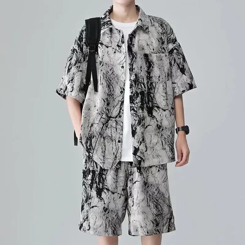 Unique Niche Design Sensibility Casual Tie Ice Silk Sports 2-piece Set Men's Short Sleeve Shirt Youthful Style  Amaijoin