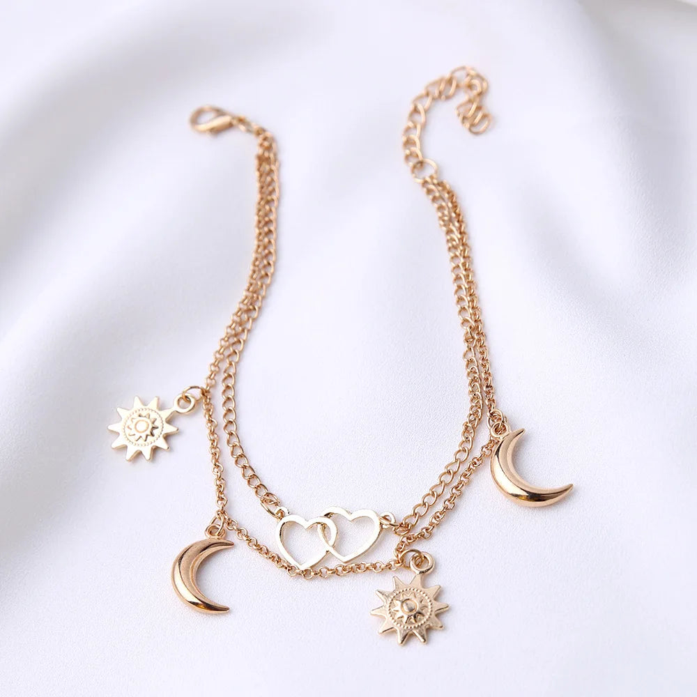 Two Layers Chain Heart Moon Sun Gold Silver Color Anklets For Women Bracelets Summer Barefoot Sandals Jewelry On Foot Leg  Amaijoin