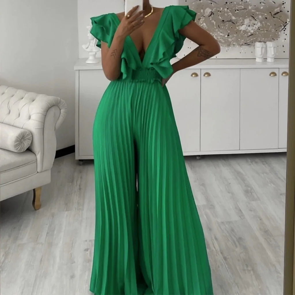 Elegant Pleated Jumpsuits & Rompers Women Deep V Neck Ruffles High Waisted Floor Length Luxury Birthday Party Dinner Outfits New  Amaijoin