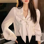 Load image into Gallery viewer, Bow Chiffon Shirt Women Elegant V Neck White Blouse Korean Style Loose Premium Blusas Ladies Solid Base Tops Casual Blusa Mujer  Amaijoin
