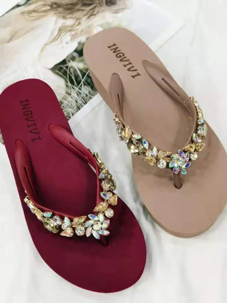 Slippers Women Glitter Flip Flops  Summer 2023 Fashion Outdoor Rhinestone Chain Wedge Beach Slippers Jelly Hawaiian Flat Sandals  Amaijoin