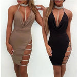 Load image into Gallery viewer, Sexy Deep V Neck Low-cut Side Split Silver Collar Bodycon Dress Women Elegant Backless Sleeveless Mini Dress Club Party Vestidos  Amaijoin
