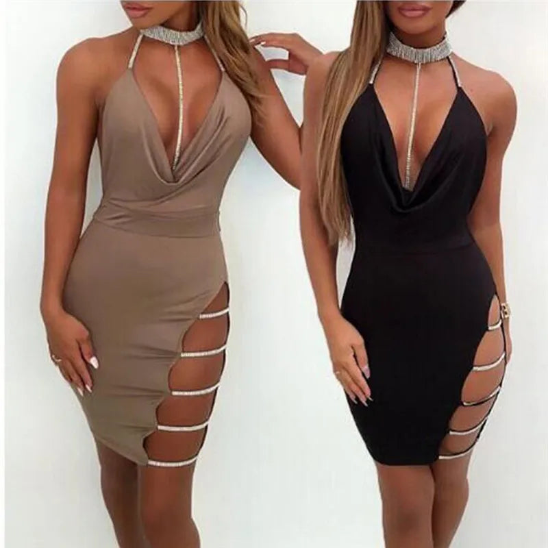 Sexy Deep V Neck Low-cut Side Split Silver Collar Bodycon Dress Women Elegant Backless Sleeveless Mini Dress Club Party Vestidos  Amaijoin