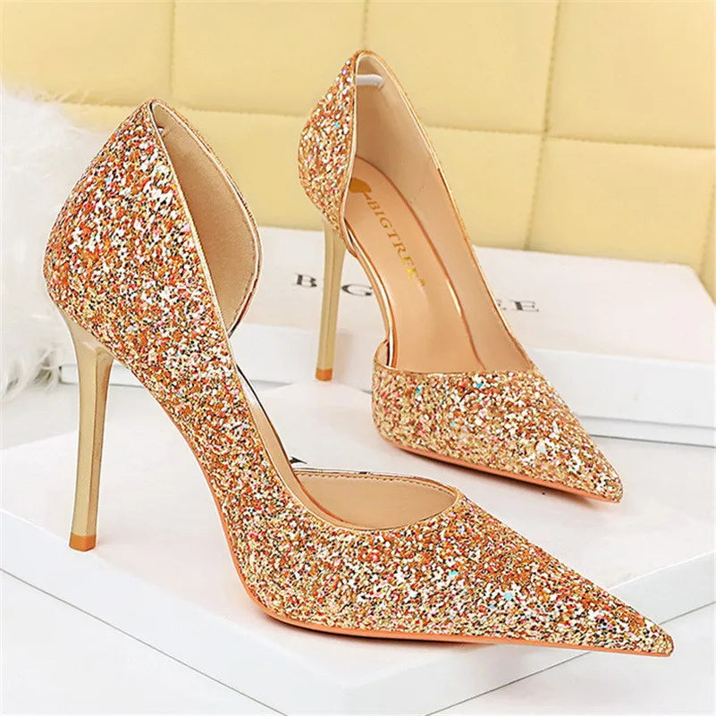 Women 7cm 10.5cm High Heels Elegant Blue Pumps Sexy Sequins Bling Mid Heels Lady Scarpins Luxury Stiletto Sparkly Party Shoes  Amaijoin