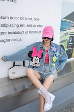 Carregue a imagem no visualizador da Galeria, 2024 New Women Coat Cartoon Sticker Embroidered Sequin Short Denim Jacket Loose Bowknot Top  Amaijoin
