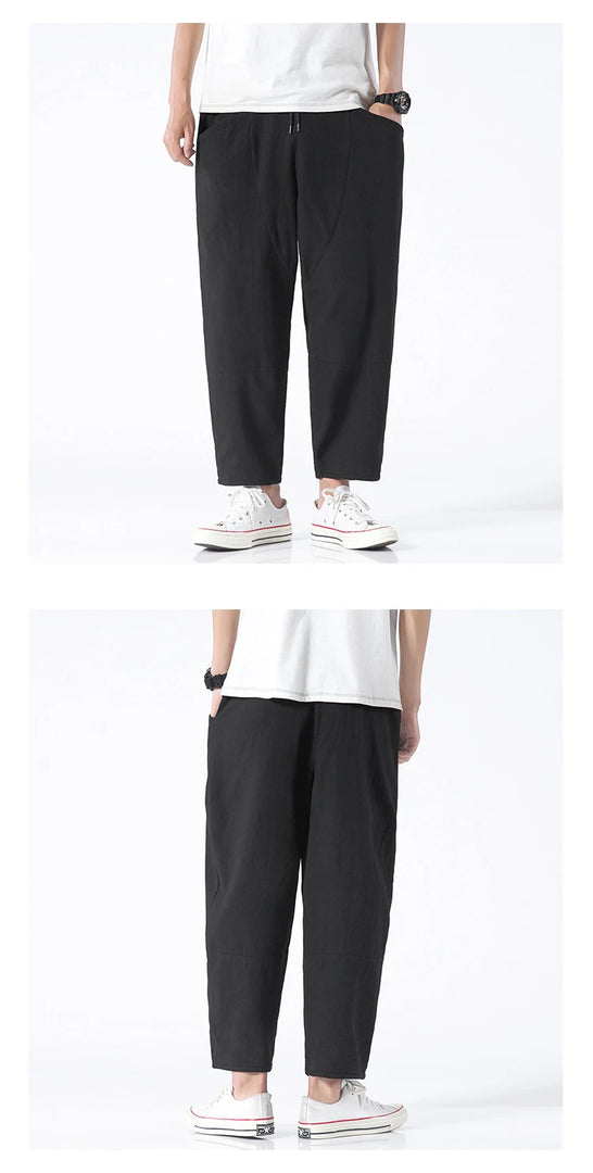 100% Cotton Summer Casual Pants Man Trendy Japanese Cropped Pants Loose Pants Men 5xl  Amaijoin