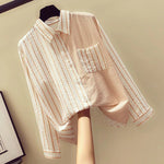 Carregue a imagem no visualizador da Galeria, 2024 Korean Loose Casual Women&#39;s Shirt Summer Thin Trendy Striped Patchwork Pocket Office Lady Shirt Sweet Women&#39;s Top Blouses  Amaijoin
