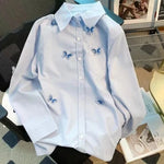 Carregue a imagem no visualizador da Galeria, DUOJIHUI Blue Fashion Butterfly Embroidery Sweet Women Shirt Spring Loose Simple Single Breasted Casual Solid Color Female Shirt  Amaijoin
