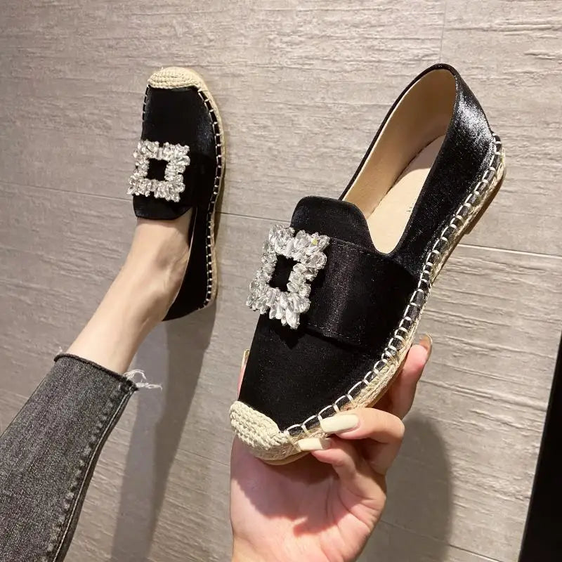 Luxury Satin Silk Espadrille Moccasins Woman Big Square Crystal Buckle Loafers Ladies Brand Design Elegant Slip-on Fishman Shoes  Amaijoin