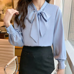 Carregue a imagem no visualizador da Galeria, 2023 Spring Loose Korean Tops Fashion Autumn Chiffon Blouse Bow Blue Long Sleeve Shirt White Office Lady Clothes Blusas 10691  Amaijoin
