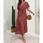 Carregue a imagem no visualizador da Galeria, Bohemian V-Neck Floral Print Dresses Women Summer Casual Short Sleeve Midi Dress Beach Boho Elegant Fashion Long Skirts Female  Amaijoin
