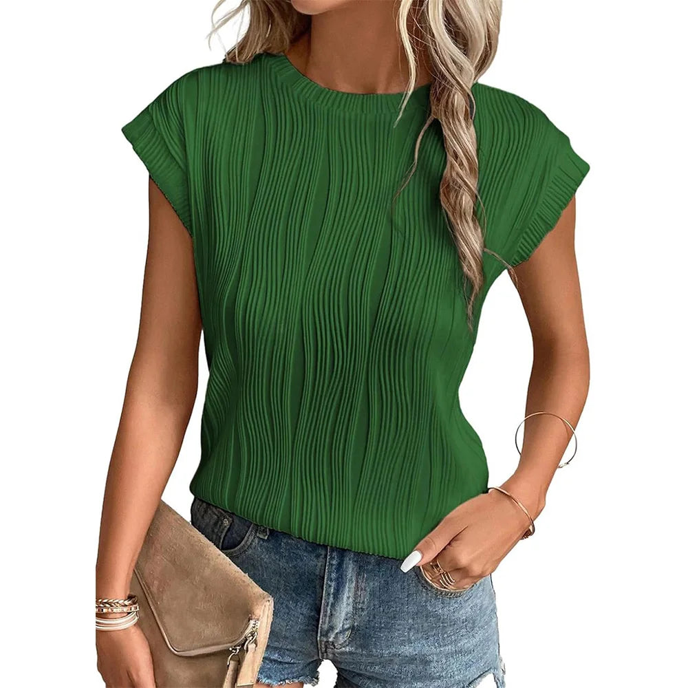 Womens Short Sleeve Textured Tops Crewneck Knit Solid Loose Casual Basic T Shirts Tee Blouses  Amaijoin