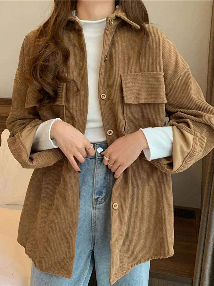 Jmprs Casual Women Corduroy Shirts Fashion Pockets Long Sleeve Spring Ladies Tops Solid Korean Loose Button Up Shirts  Amaijoin