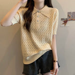 Carregue a imagem no visualizador da Galeria, Summer Women Sweater Pullover 2023 Short Sleeve Fashion Polo Collar Solid Knitting T-shirt Loose Casual Sexy Hollow Out Sweaters  Amaijoin
