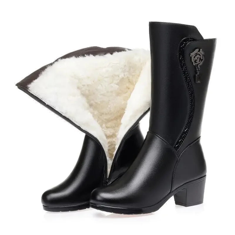 Winter Boots Genuine Leather Female Boots High-heeled Boots Warm Snow Boots Fashion Non-slip Thick-soled Boots Bota Feminina  Amaijoin