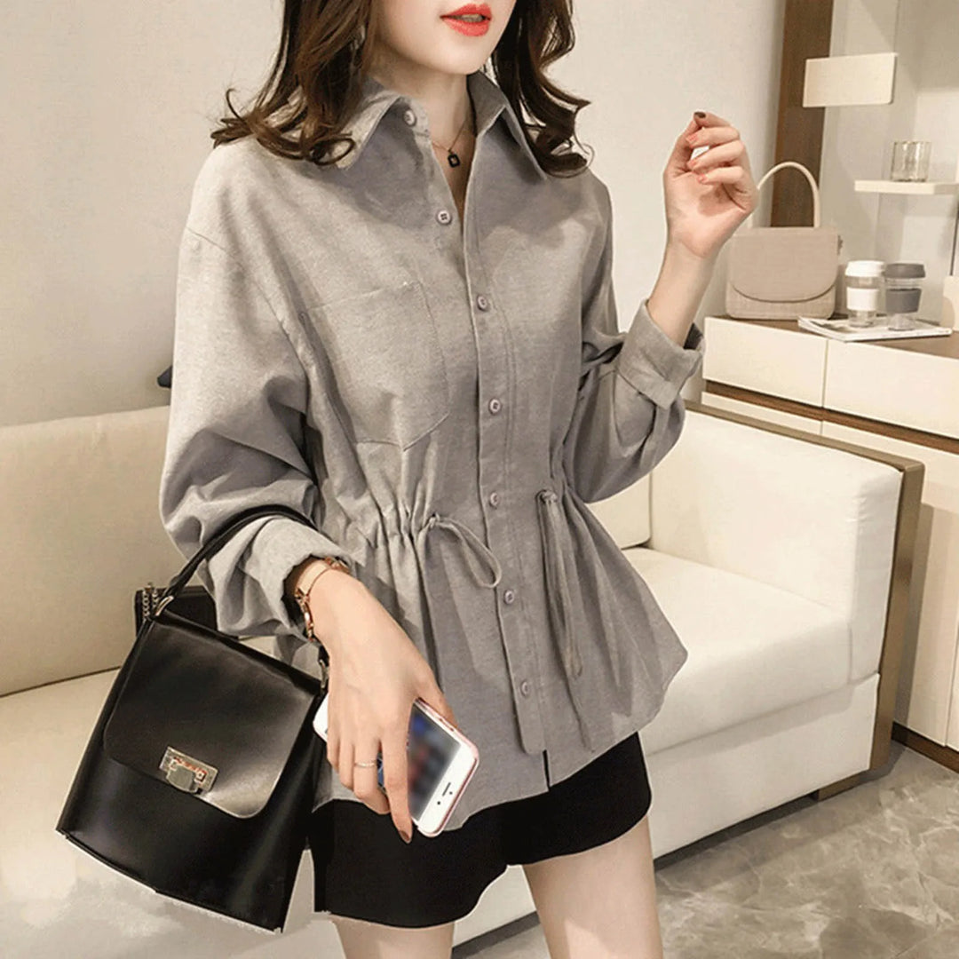 Women's Shirt 2024 Spring New Fashion Lapel Waisted Commuter Tops Shirt Solid Colour Large Size Casual Loose Blouse Shirt  Amaijoin