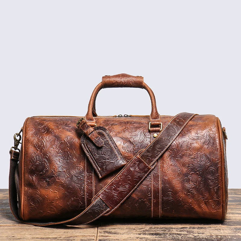 LEATHFOCUS Vintage Embossed Handbag Men's Women's Leather Travel Bag Large Capacity Business Duffles Bag Weekend Gym Bag  Amaijoin