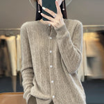 Carregue a imagem no visualizador da Galeria, Round Neck 100% Merino Wool Cardigan Spring Autumn New Hollow Out Fashion Long Sleeved Solid Color Knitted Cardigan Sweater Top  Amaijoin
