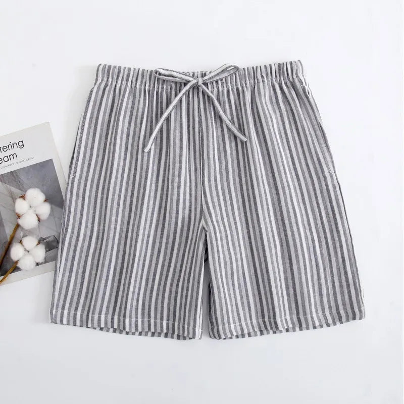 Summer Men Sleep Bottoms 100% Cotton Pajama Shorts Male Sleepwear Pants Men Home Shorts Striped Lounge Wear Shorts  Amaijoin