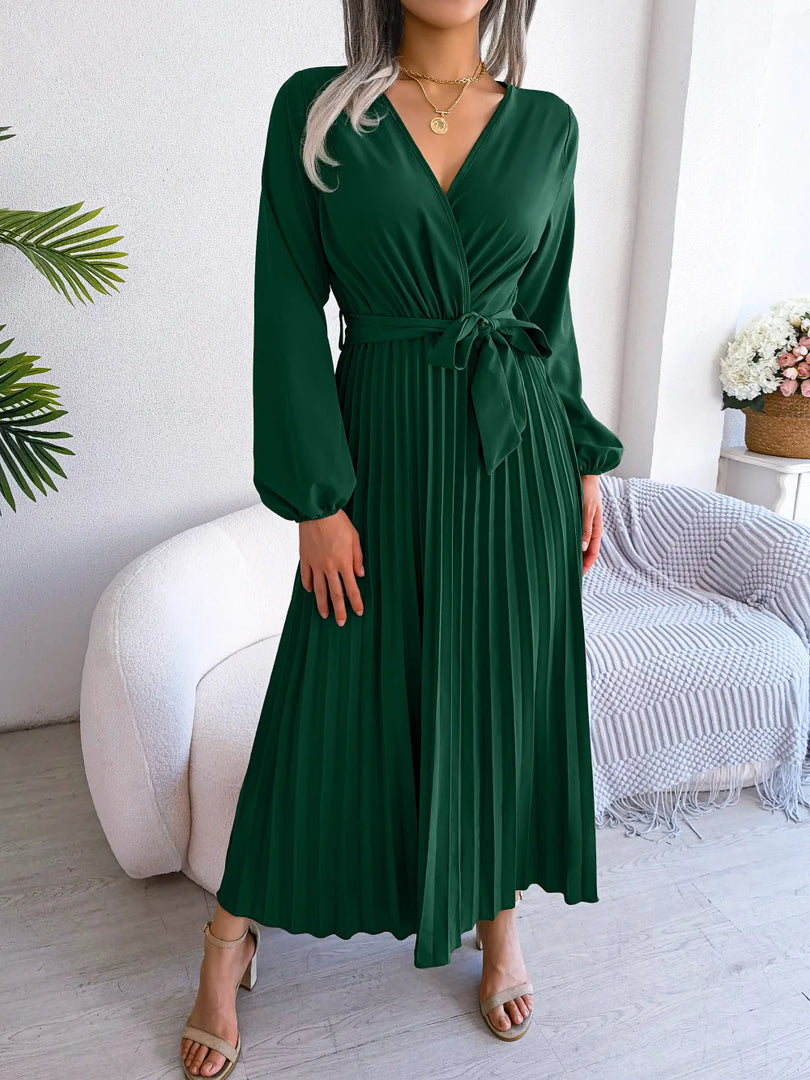 Women Elegant V Neck Long Sleeve Pleated Maxi Dress  Amaijoin