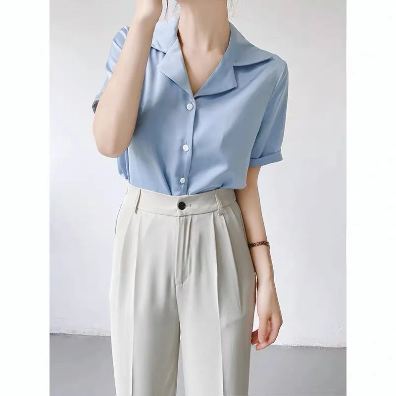 Elegant Women's Blouse Summer New Solid Short Sleeve Korean Fashion Office Lady Shirts Casual Ladies Clothes Top Female Shirts  Amaijoin