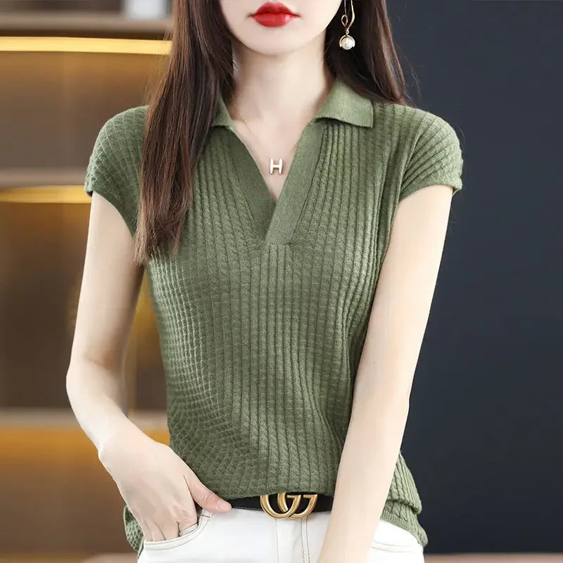 Women's T Shirts Clothes Black Top White Polo Neck Shirt Short Sleeve Tee Knit Green Aesthetic Offer Free Shipping Cute V New  Amaijoin