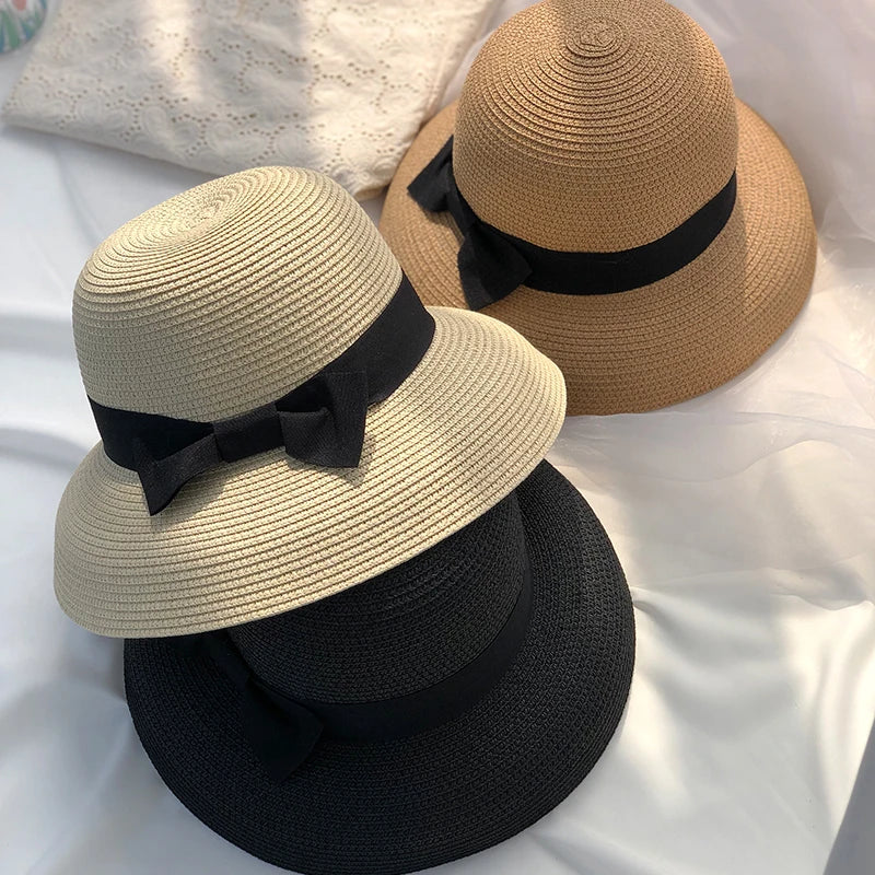 Hepburn bow ribbon sun hat women's straw hat Bucket hat color sunscreen sun hat beach hat wholesale  Amaijoin