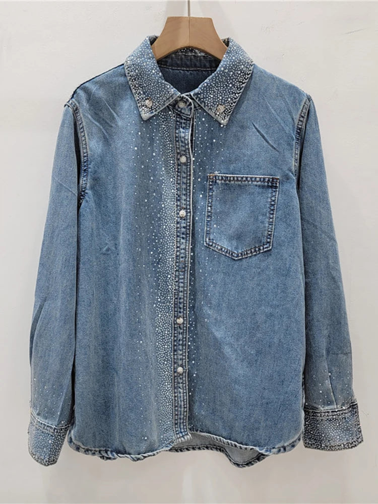 DEAT Women's Denim Shirt Loose Blue Grey Hot Fix Rhinestone Lapel Single Breasted Button Blouse 2024 Summer New Fashion 29L6940  Amaijoin