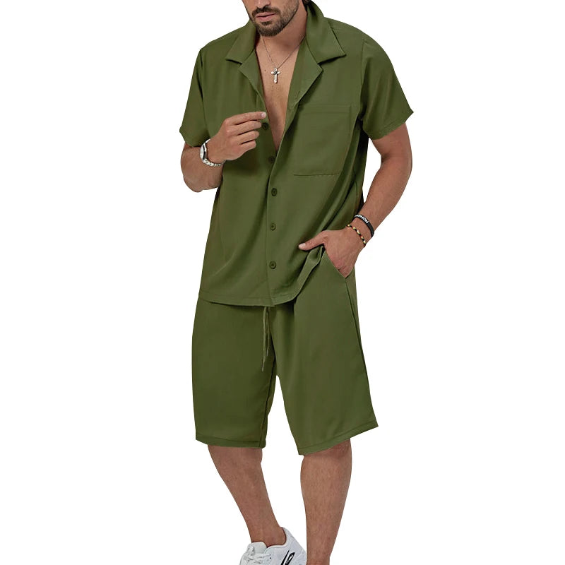 Men's Summer Casual Short Sleeved Shorts Simple Family Set Shirt Outdoor 2-Piece Breathable Beach Set  Amaijoin