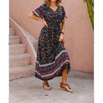 Carregue a imagem no visualizador da Galeria, Bohemian V-Neck Floral Print Dresses Women Summer Casual Short Sleeve Midi Dress Beach Boho Elegant Fashion Long Skirts Female  Amaijoin
