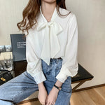 Carregue a imagem no visualizador da Galeria, 2023 Spring Loose Korean Tops Fashion Autumn Chiffon Blouse Bow Blue Long Sleeve Shirt White Office Lady Clothes Blusas 10691  Amaijoin
