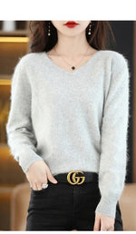 Carregue a imagem no visualizador da Galeria, Women&#39;s Flat V-neck Mink Cashmere Sweater New Autumn/winter 2023 Knitted Loose Pullover Commuter Basic Knit Top  Amaijoin
