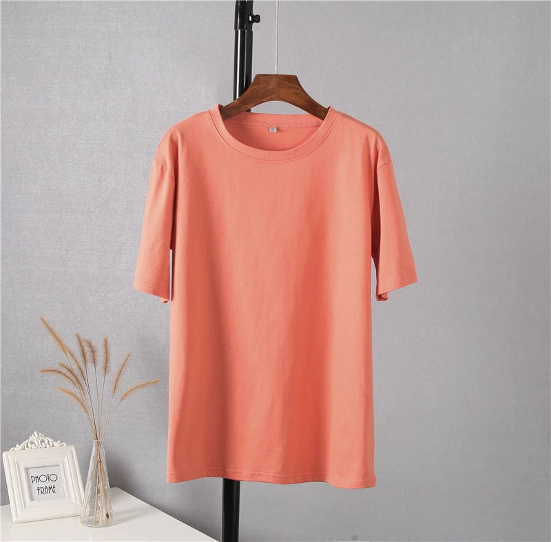 Hirsionsan 100% Cotton Oversized T Shirt Women Harajuku Basic Loose Short Sleeve Tees Soft Female Solid Tops Khaki Summer Jumper  Amaijoin