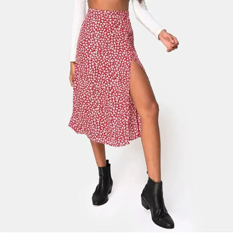 Jocoo Jolee Elegant Leopard Floral Printing Long Skirt Women Sexy High Waist Split Midi Skirts Office Lady Bodycon A Line Skirts  Amaijoin