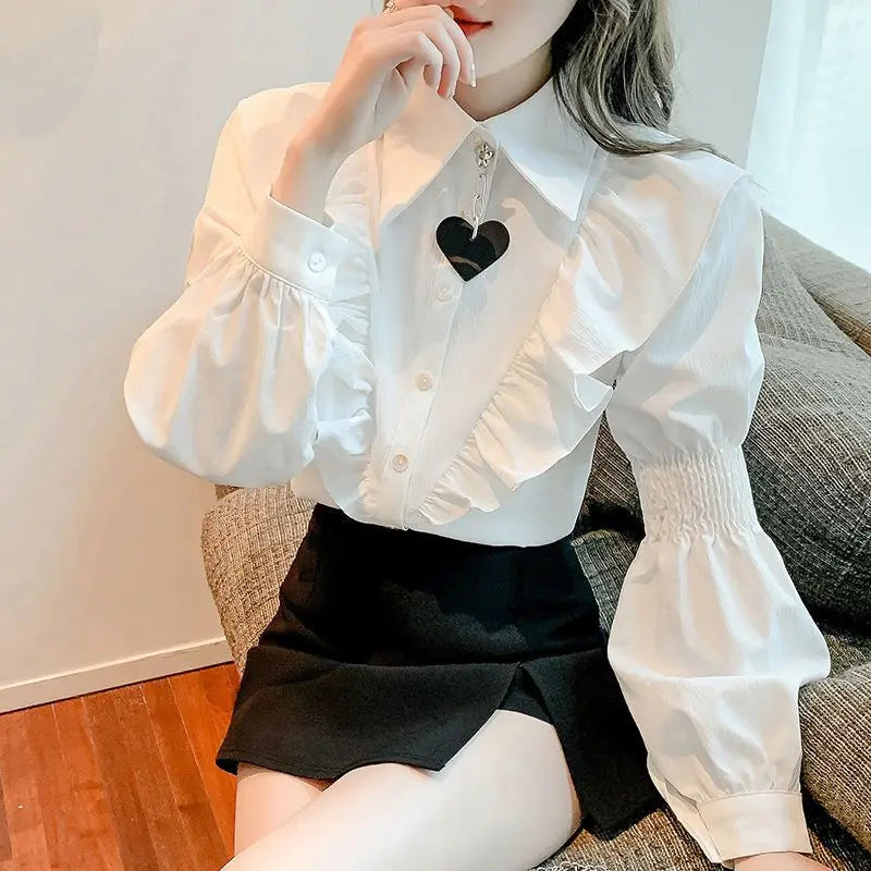 Elegant Lantern Sleeve Chiffon Blouses Women Cotton Chic Long Sleeve Shirts Casual Loose Office Wear Ruffled Shirt Buttons V143  Amaijoin