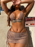 Carregue a imagem no visualizador da Galeria, 2024 Three Piece Bikinis Set Women Sexy Mesh Fishnet Skirt Swimsuit Female Solid Lace Up Swimwear Bathing Thong Beach Outfits  Amaijoin
