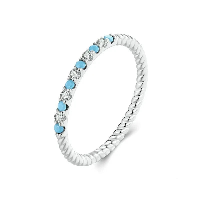 WOSTU Real 925 Sterling Silver Blue Turquoise White CZ Twist Band Ring For Women exquisite Round Wedding Rings Party Jewelry  Amaijoin