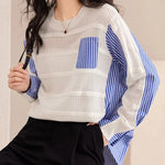 Carregue a imagem no visualizador da Galeria, Stylish Hollow Out Knitted Patchwork Pullovers Women 2024 Fashion Oversized Striped Shirt Sweater Pocket Jumper Korean Style  Amaijoin
