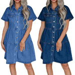 Carregue a imagem no visualizador da Galeria, 2024 Spring Summer New Women&#39;s Clothing Solid Color Short Sleeve Lapel Casual Denim Dress High Waist Dress  Amaijoin
