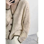 Carregue a imagem no visualizador da Galeria, Chic jacquard 100% cashmere knit cardigan Women&#39;s autumn/winter lazy V-neck sweater Loose wool coat  Amaijoin
