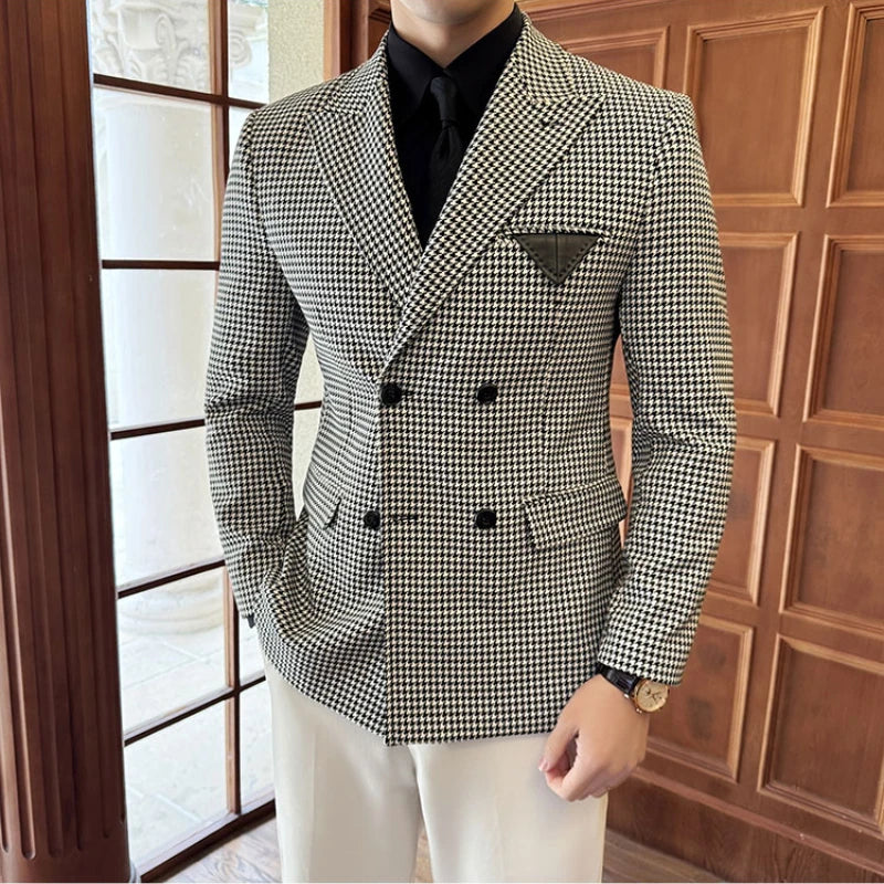 High Quality PU Splicing Blazers for Men Plaid Casual Business Suit Jackets Slim Fit Wedding Social Banquet Party Dress Coats  Amaijoin