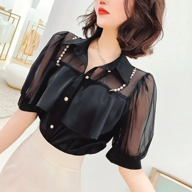 Button Up Womens Shirt & Blouse White Clothes Chiffon Black Tops for Women Short Sleeve Yellow Tunic 2024 Luxury Designer Cool S  Amaijoin