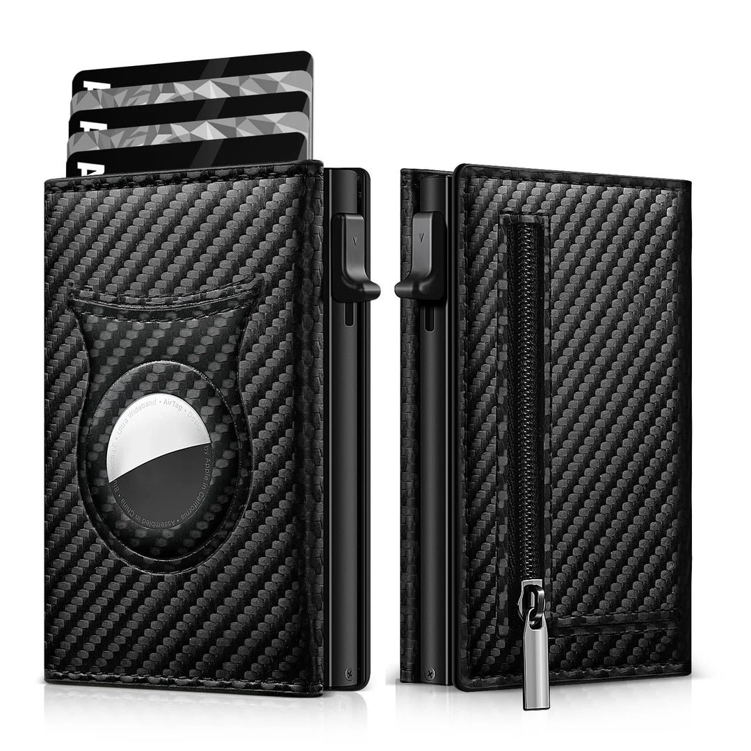 Men's Carbon Fiber Magnetic Card Holder PU Leather RFID Three-fold Automatic Card Holder With Zipper Coin Purse AirTag Wallet  Amaijoin