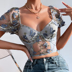 Carregue a imagem no visualizador da Galeria, Koltailace Bufferfly Embroidery Puff Sleeve Top Women V Neck Summer Backless Short Sleeve Sexy Cropped Top Blouse  Amaijoin
