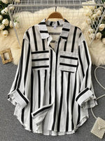 Carregue a imagem no visualizador da Galeria, Fashion Woman Blouse 2023 Medium Length Vertical Stripe Shirt Jacket for Women&#39;s Korean Casual Loose Fitting Elegant Top  Amaijoin
